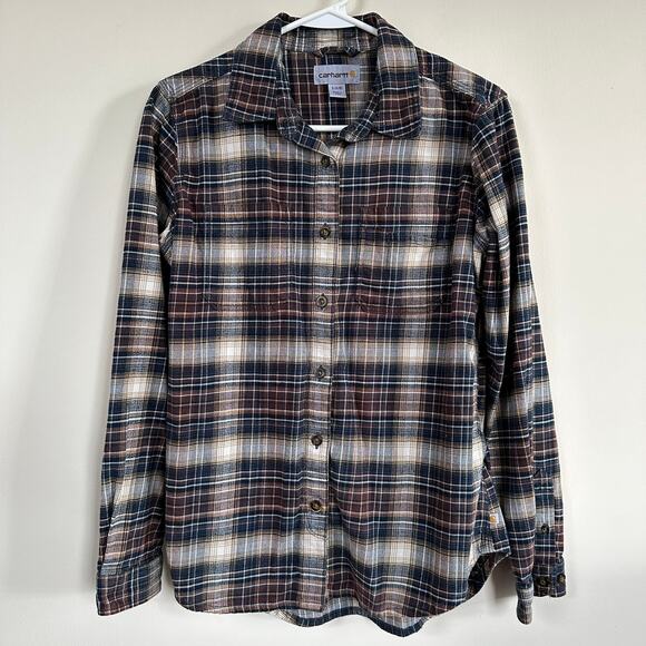 Carhartt Woman's Plaid Flannel Shirt Button Front Long Sleeve SMALL Brown Blue - Picture 1 of 9